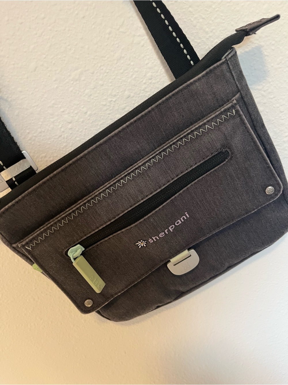 Sherpani Gray Crossbody Bag with Light Green Accents